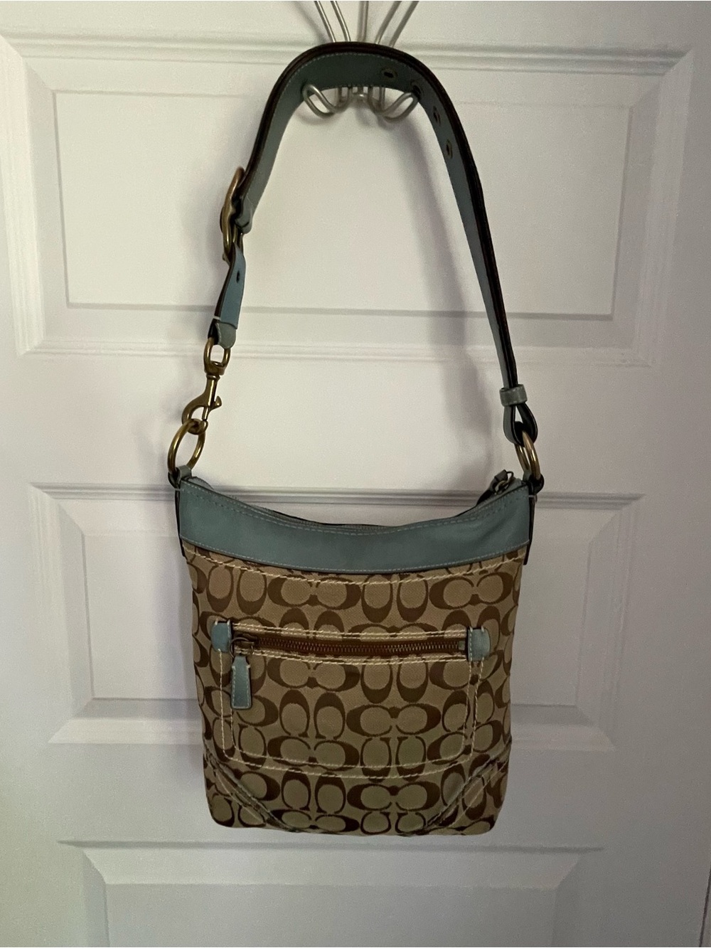 Vintage Y2K Coach signature Logo Blue & Brown Crossbody Shoulder Bag Zip Pockets - Picture 3 of 16